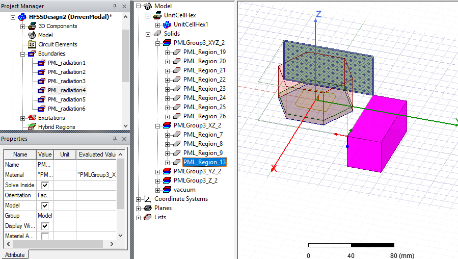 Project Manager window, PML boundaries listed in the Porject tree.