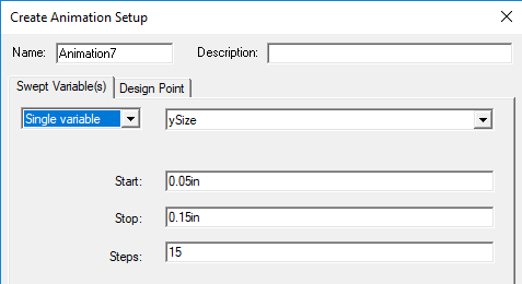 Create Animation Setup dialog. Swept Variable(s) tab, Single Variable selected.