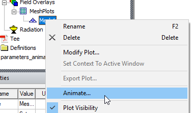 Meshplot shortcut menu, Animate option highlighted.