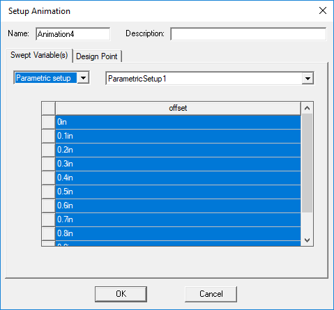 Setup Animation dialog, Swept Variables tab. Parametric Setup option selected.