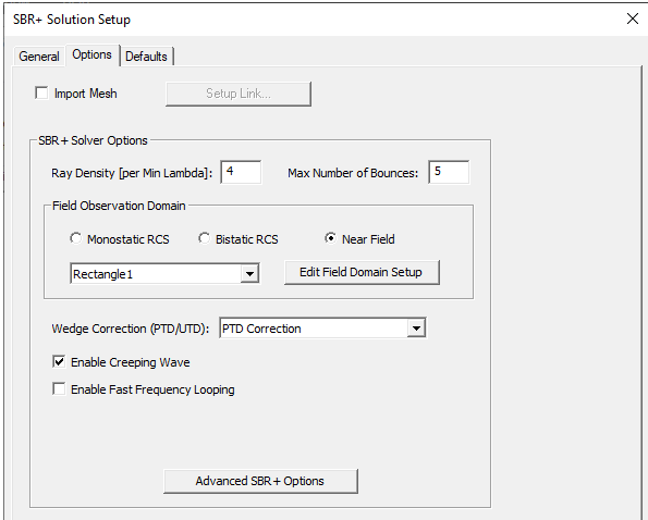 SBR+ Solution Setup Dialog, Options tab.