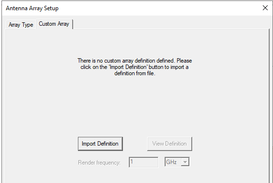 Antenna Array Setup dialog, Custom Array tab.