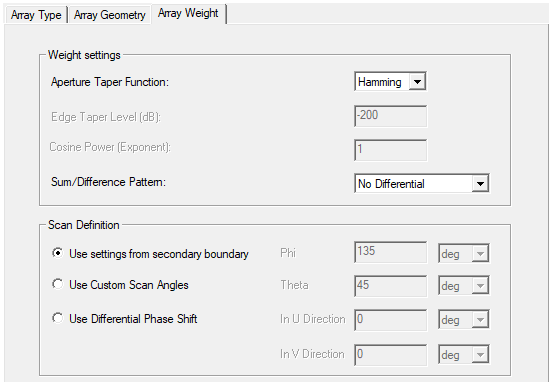 Antenna Array Setup dialog, Array Weight tab.