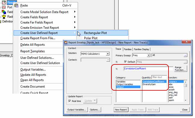 Results shortcut menu expanded. Create User Defined Report selected, Rectangular Plot selected. Report dialog open.