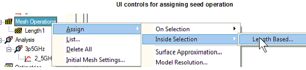 Mesh operations shorcut menu. Assign option expanded, Inside Selection option expanded, Length Based option highlighted.