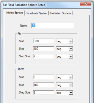 Far Field Radiation Sphere Setup dialog. Infinite Sphere tab.