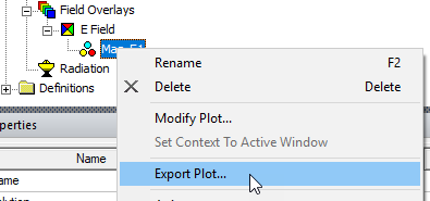 Field shortcut menu, Export Plot option highlighted.