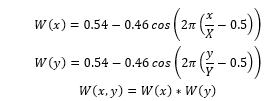 Final weight calculation equation, Hamming window.