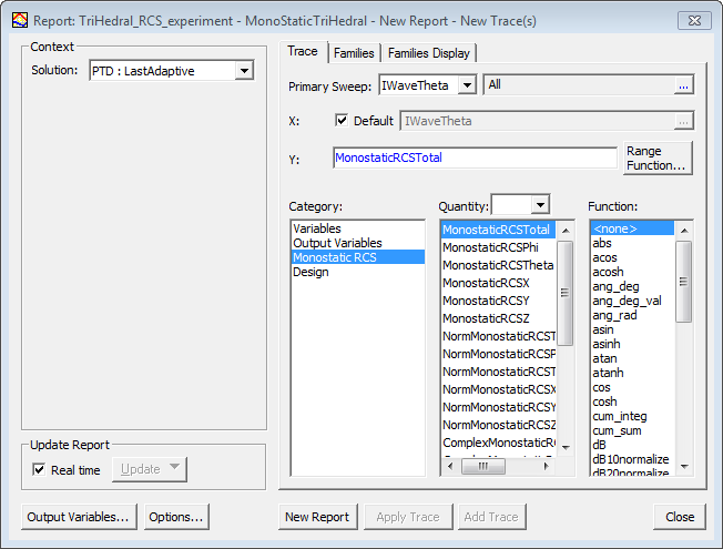 New Report dialog. Category option set to Monostatic RCS.