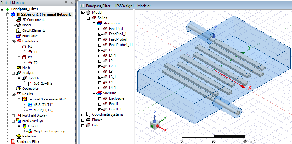 View of the Bandpass Filter model including the Project Manager and History Tree