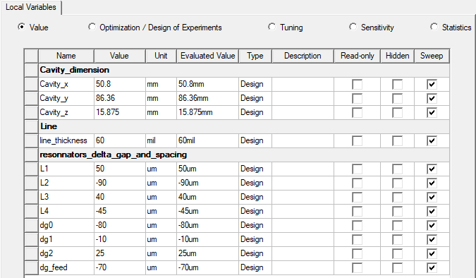 Design Variables dialog box showing the local variable definitions
