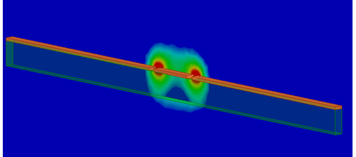 E field plot of signal trapped in signal trace and dielectric.
