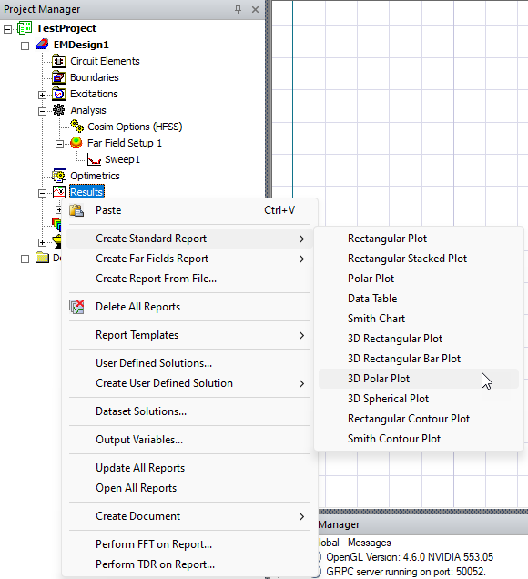 Project Manager Window > Project Tree > Active Design Folder > Results > Create Standard Report > 3D Polar Plot