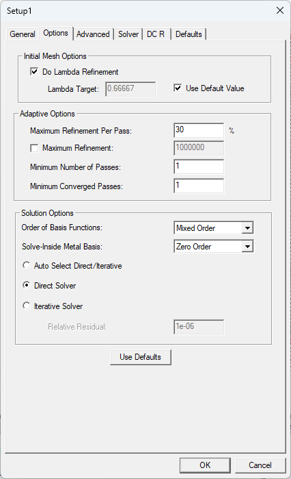 HFSS Setup Window > Options Tab