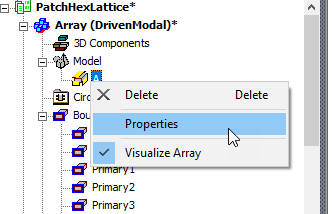 Array shortcut menu, Properties option highlighted.