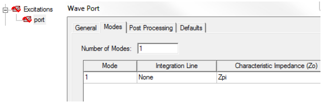 Wave Port dialog, Modes tab.