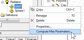Radiation shortcut menu. Compute Max Parameters option highlighted.