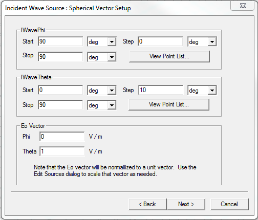 Incident Wave Source: Spherical Vector Setup dialog.