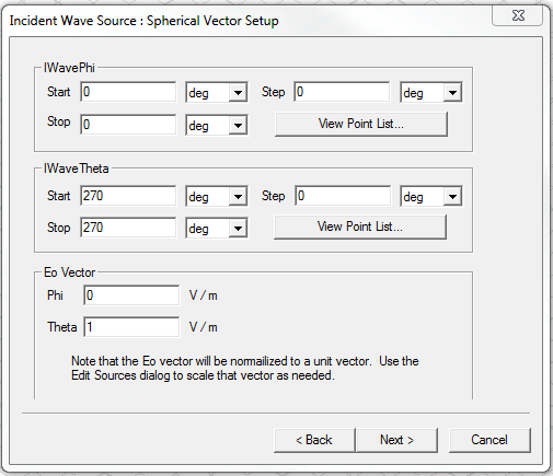 Incident Wave Source: Spherical Vector Setup dialog.