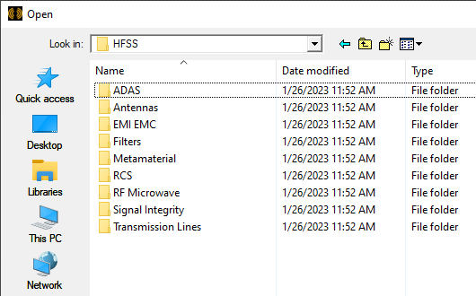 File Explorer, HFSS example folders listed.