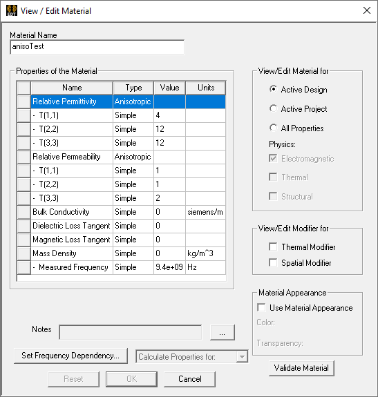 View/ Edit Material dialog.
