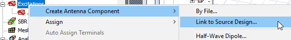 Excitations shortcut menu, Create Antenna component selected, Link to Source Design highlighted.