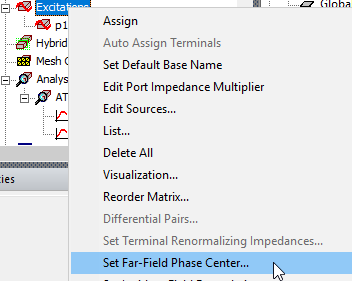 Excitation shortcut menu, Set Far-Field Phase Center option highlighted.