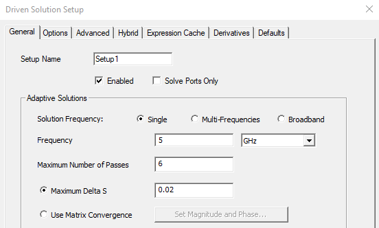 Driven Solution Setup dialog, General tab.