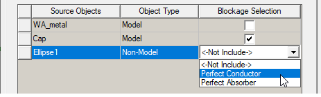 Setup Link dialog, Model blockage tab, Ellipse1 blockage selection set to perfect conductor.