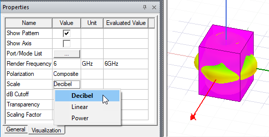 Properties window, Scale set to decible.