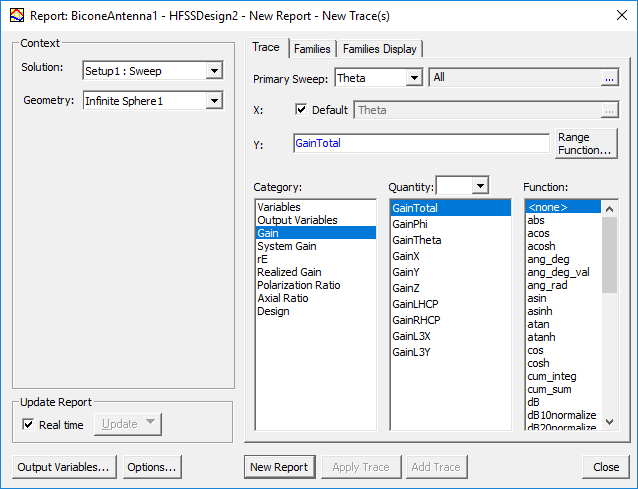 Report setup dialog.
