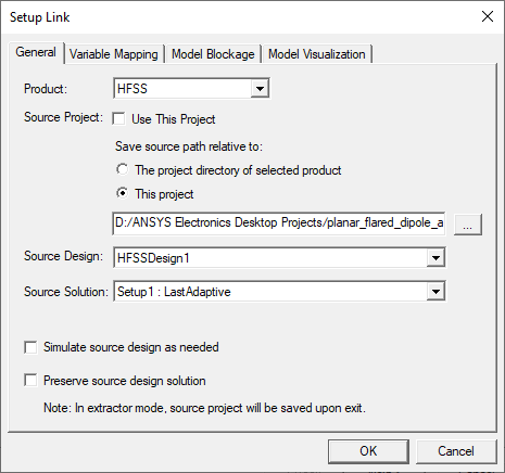 Setup link dialog, General tab.