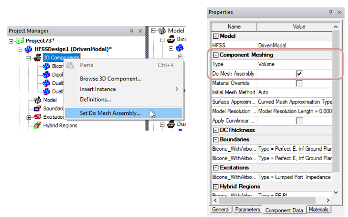 3D Component shorcut menu, Set Do Mesh Assmebly option highlighted. Properties panel.