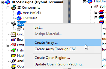 Project Tree, Model shortcut menu. Create Array option highlighted.