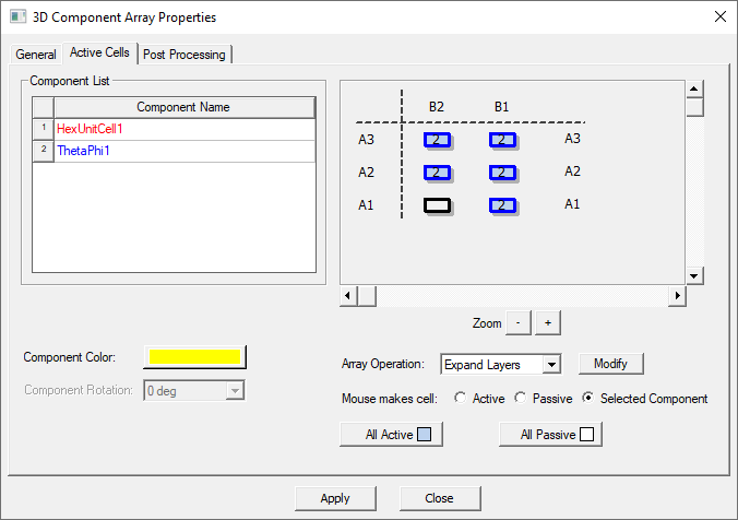 3D Component Array Properties dialog. Unit Cells tab.