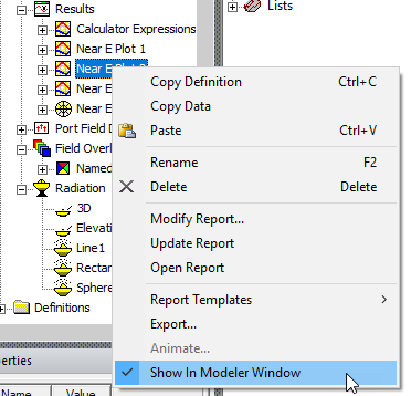 Shortcut menu, Show in Modeler Window selected.