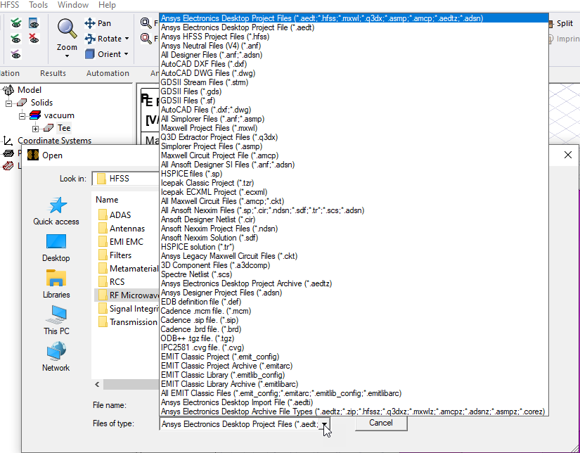 AEDT's file browser window with Files of Type drop down menu opened. AEDT's file browser window with Files of Type drop down menu opened.