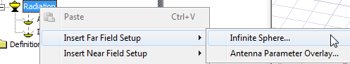 Radiation right-click menu. Insert Far Field Setup option expanded. Infinite Sphere option highlighted.