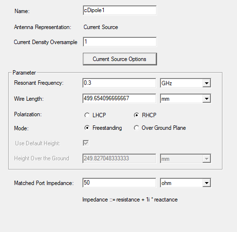 Current Source Options dialog