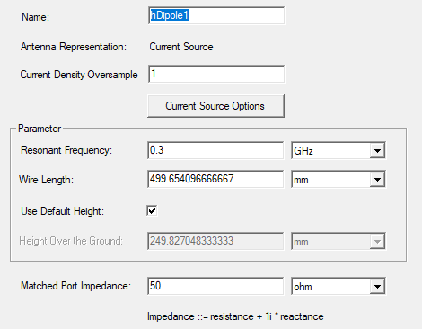 Horizontal Dipole antenna options and parameters.