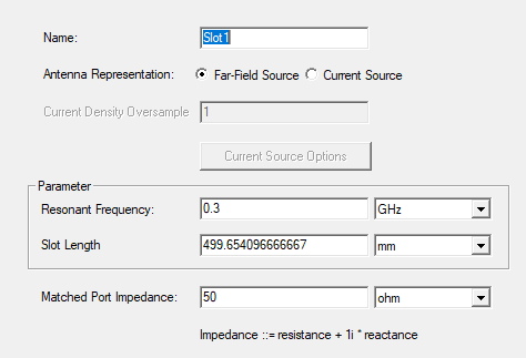 Parametric Slot antenna properties.