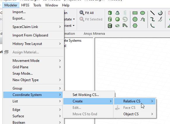 Modeler Menu, Coordinate System > Create > Relative CS option selected.