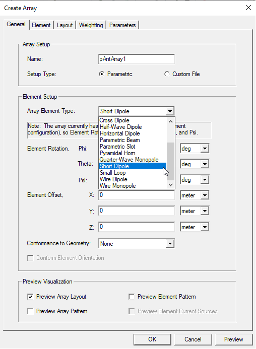 Create Array dialog. General tab. Element Setup groubox, Array Element Type set to Short Dipole.