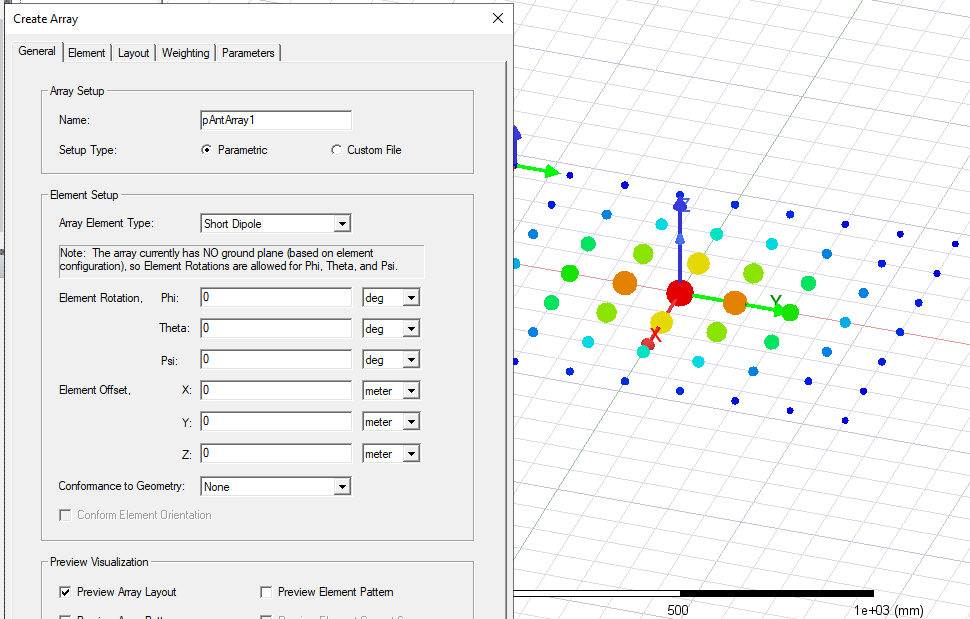 Create Array dialog, General Tab, Preview Array Layout enabled.