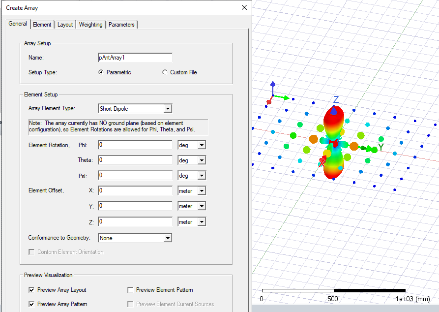 Create Array dialog, General Tab. Preview Array Pattern enabled.