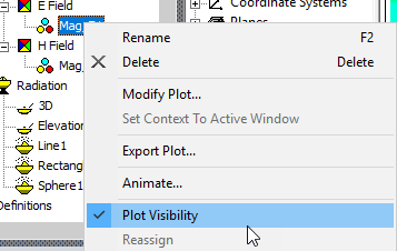 E-Field shorcut menu, Plot Visibility option highlighted.