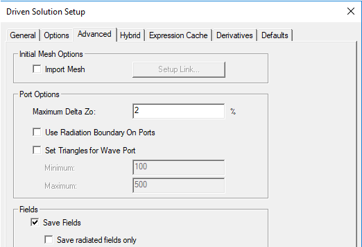 Driven Solution Setup dialog, Advanced tab.