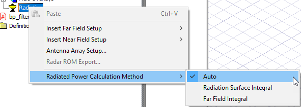 Radiation shortcut menu, Radiated Power Calculation option expanded, Auto option selected.