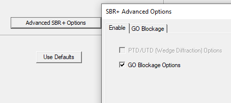 SBR+ Advanced Options window. Enable tab. GO Blockage Options
