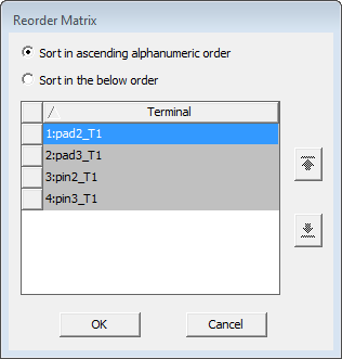 Reorder Matrix dialog. Sort in ascending alphanumeric order selected.